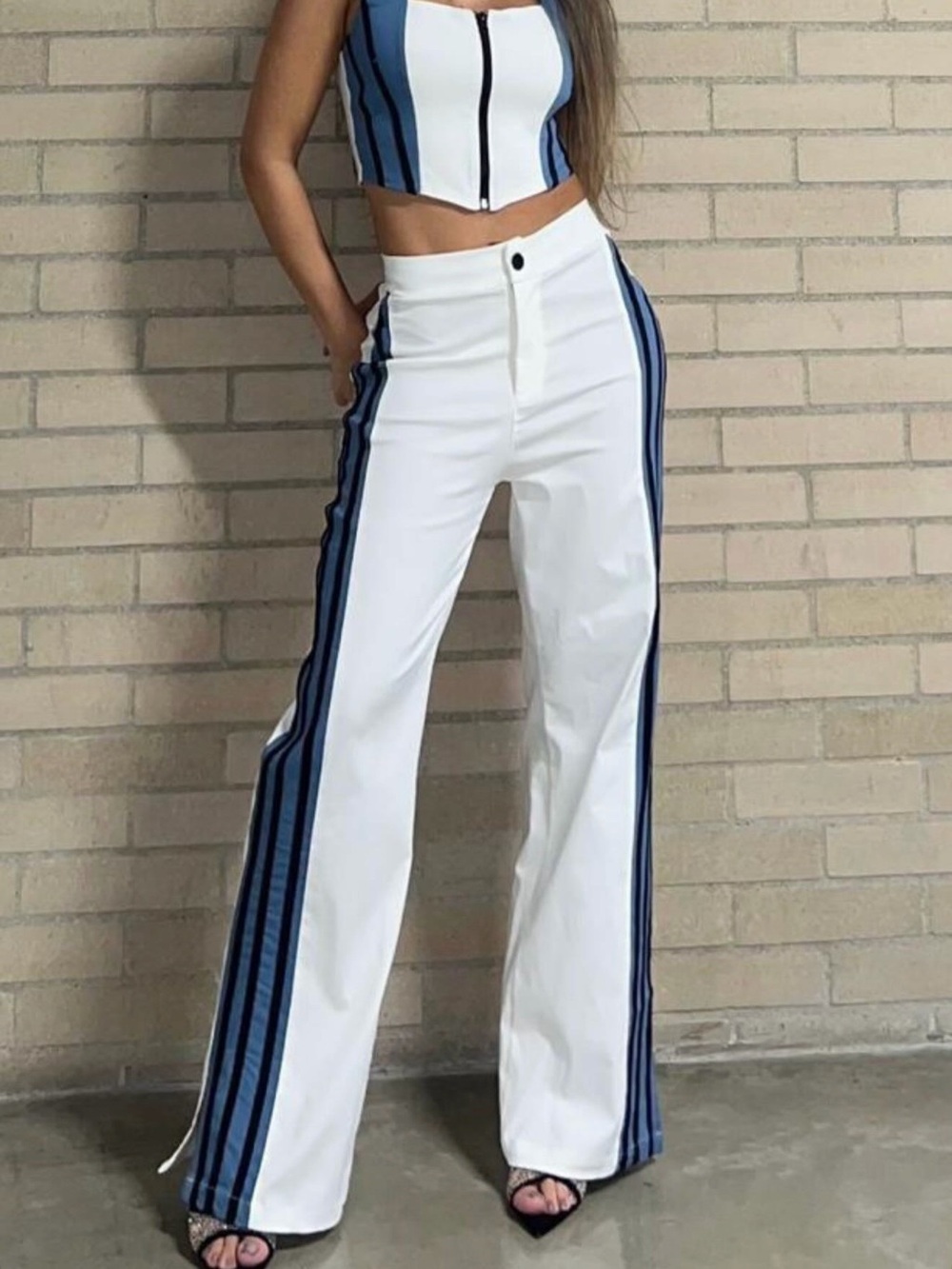 Columbia White High-Rise Wide-Leg Pants with Blue Side Stripes